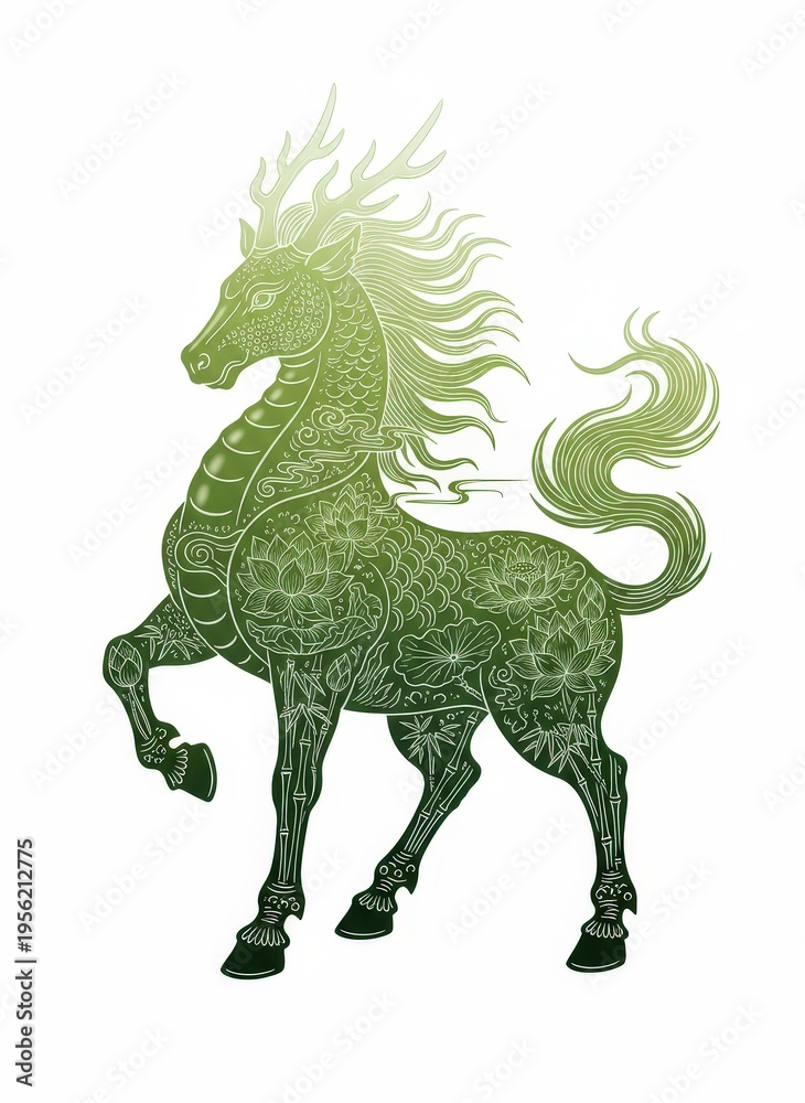 Fototapeta premium Mythical green Qilin illustration, Chinese dragon horse with floral patterns, legendary kirin creature with antlers and scales on white background