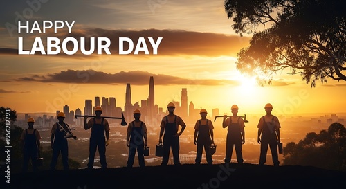 A group of construction workers standing on a hill overlooking a city skyline at sunset, celebrating labour day with a sense of pride and accomplishment in their hard hats and overalls