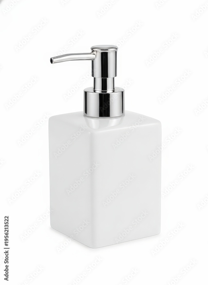 Obraz premium White ceramic soap dispenser with chrome pump, square porcelain liquid bottle for bathroom or kitchen, minimalist refillable hand sanitizer container