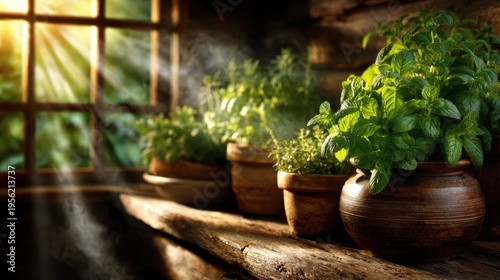 A cozy scene with potted herbs basking in warm sunlight, highlighting freshness, life, and the beauty of nature in a rustic wooden setting filled with greenery.