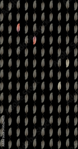 Seamless pattern with repeating feathers on black background, featuring subtle neutral tones and occasional colored accents, elegant and modern decorative design.