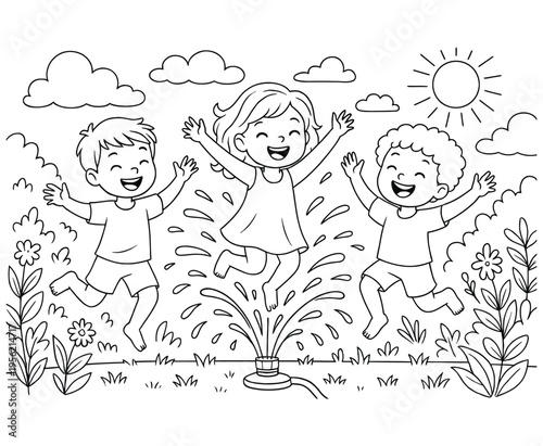 Group of children jumping over garden water sprinkler on hot summer day coloring activity