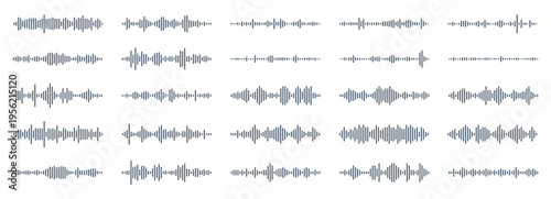Audio waveform icons set. Sound frequency bars with varied rhythm patterns. Black wave lines for podcast player, music app, voice recorder, equalizer interface.  Display template. Vector.