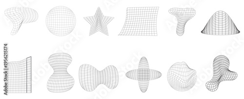 geometric shapes set, 3d wireframe elements, abstract tech grid, mathematical design forms, futuristic grid shapes, minimalist wireframe icons, digital design assets, techno geometric collection.