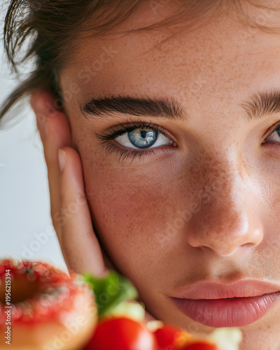 Portrait of young woman with blue eyes studio close-up beauty