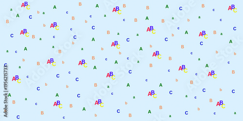 Seamless pattern with colorful alphabet letters scattered on light blue background, playful educational design for children learning and creativity.