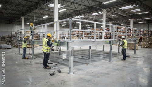 Medium shot of workers securing metal beams and joists to build mezzanine platforms in a spacious warehouse setting for optimized storage solutions.