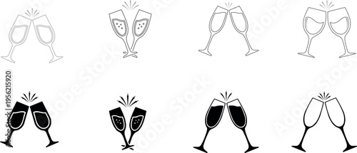 Champagne glass icon set vector outline and solid black style isolated on transparent background