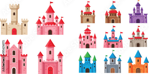 Fairytale castle collection vector illustration featuring colorful fantasy palaces with towers flags and magical architecture set for kids design storytelling and game graphics