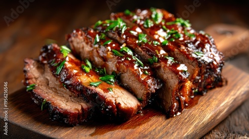 Succulent slices of barbecued brisket drizzled with rich sauce, garnished with fresh herbs, resting on a rustic wooden cutting board ready to be enjoyed.