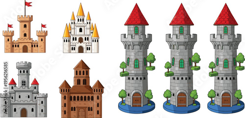 Medieval castle collection vector illustration featuring fantasy fortress buildings with towers flags and stone architecture set for game design storytelling and historical themed graphics
