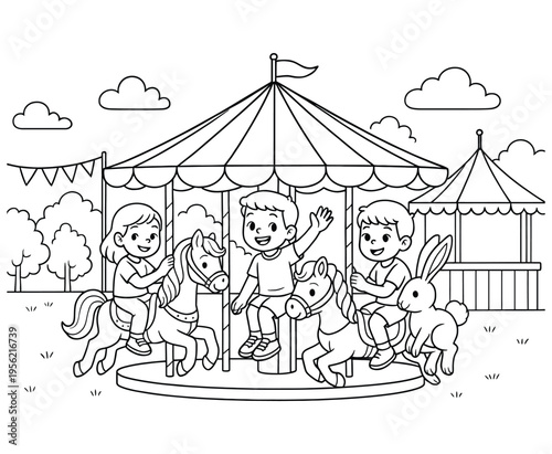 Three happy children riding carousel at amusement park black and white coloring page