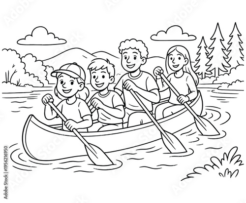 Four friends paddling canoe on lake with mountains and trees in background coloring page