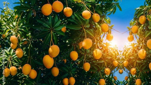 Lush tropical mango tree branches are heavily laden with an abundance of perfectly ripe, vibrant golden-orange mangoes, promising a delicious, sweet, and juicy harvest, symbolizing exotic freshness