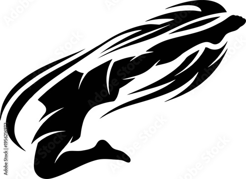 Abstract energy sport kick silhouette with minimalist swoosh lines. Creative athletic logo style for fitness branding and modern sport identity