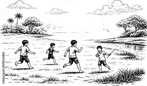 Children Playing in Rural Field Near River Minimal Line Art Illustration