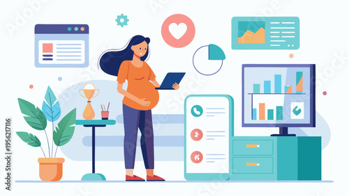 Flat illustration of pregnant woman using digital health monitoring with wearable maternal technology and medical data tracking at home
