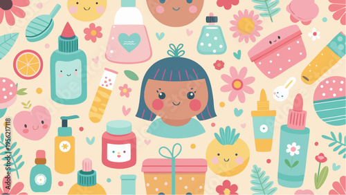Cute illustration of girl surrounded by skincare products and flowers in playful style representing kids beauty routine and self care