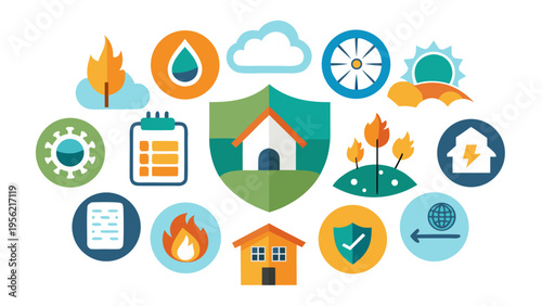 Flat illustration of climate risk insurance icons with house shield weather fire flood and protection symbols representing safety coverage and disaster prevention