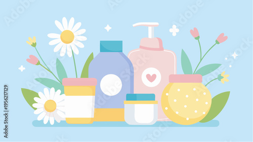 Colorful illustration of kids skincare products with bottles jars and flowers in gentle pastel style for child hygiene and daily care routine