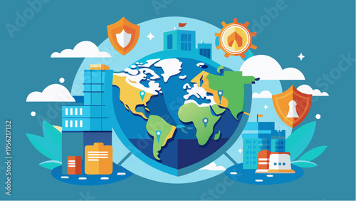 Global illustration of climate risk insurance with earth shield buildings and protection symbols representing environmental safety coverage and disaster resilience