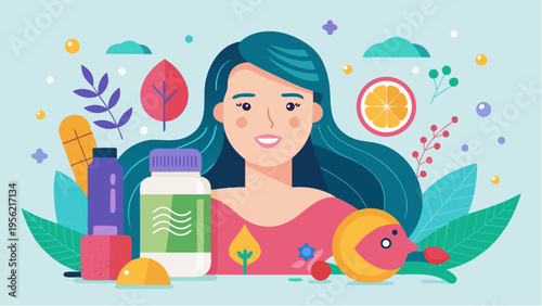 Flat illustration of woman with marine collagen supplements and natural ingredients representing beauty nutrition skin care and healthy lifestyle