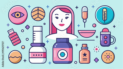 Flat illustration of woman with supplements skincare and wellness icons representing vitamins nutrition beauty and healthy lifestyle routine