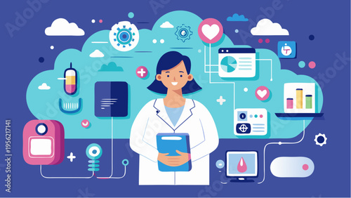 Flat illustration of doctor with wearable maternal monitoring technology showing digital healthcare data devices and prenatal tracking system