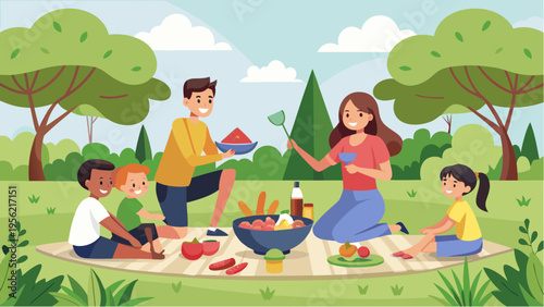 Happy family having picnic in park with children sitting on blanket eating food and enjoying outdoor time