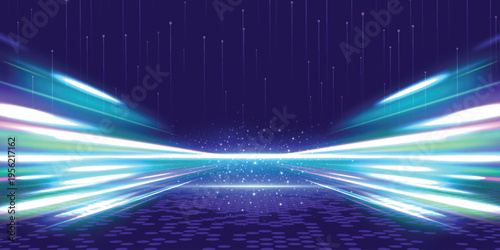  Futuristic neon speed light corridor on purple stage, abstract sci fi motion background for technology, data, gaming and virtual reality