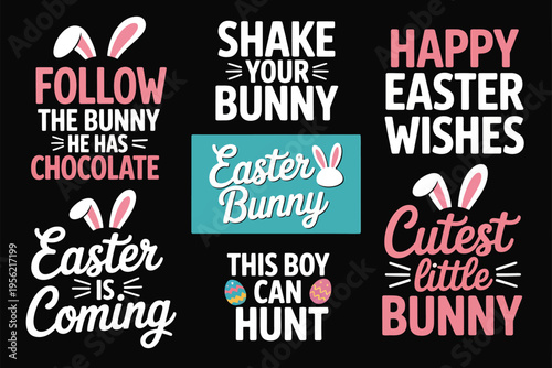 Easter bunny typography with chocolate hunt and wishes in pastel colors