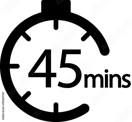 45 Minutes timers clock. Time measure. Chronometer vector icon black isolated on white background.