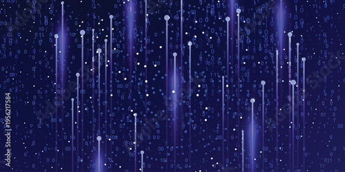 Blue binary code rain with glowing vertical lines and dots, abstract digital data stream technology background