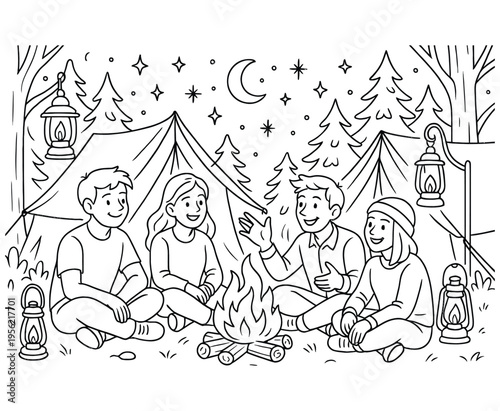 Friends camping by campfire at night with tents lanterns stars moon trees