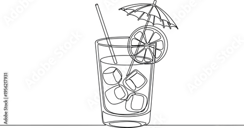 A refreshing drink with ice cubes, lemon slice, and a decorative umbrella on straws.
