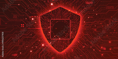 Red cyber security shield on digital circuit board background, warning firewall, hacking attack and data breach technology concept