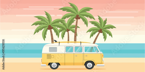 A vintage yellow van parked by the beach with palm trees in the background.