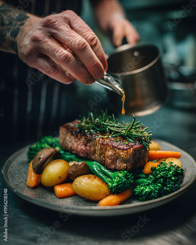 Gourmet steak preparation restaurant kitchen food intimate