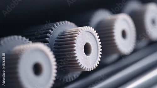 Close up view of a row of identical 3D printed plastic gears aligned precisely in a factory setting