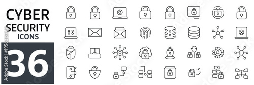 Cyber security icons set with locks, fingerprints, databases, and network connections.