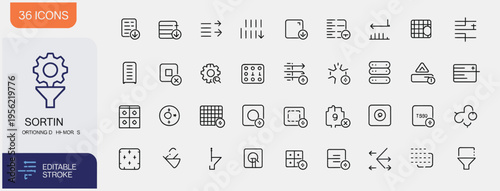 Sorting and data processing icons including filters, lists, and file management symbols.