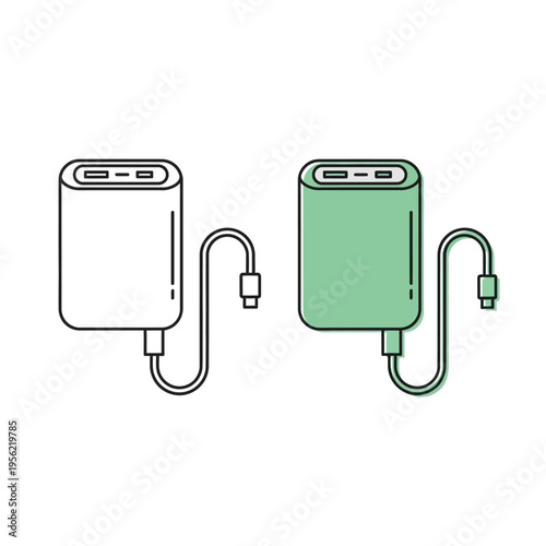 Simple flat 2D vector icon of a small power bank with cable in outline and fill versions