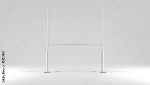 Tall, white rugby goalposts with a horizontal crossbar stand prominently on a minimalist white field, ready for a match.