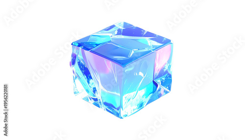 Ice cube 3D render with blue iridescent texture abstract frozen block for cool design elements