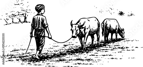 Shepherd Walking with Cows in Rural Field Minimal Line Art Vector Illustration