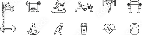 fitness and gym workout outline icons set, sport training equipment symbols including dumbbell treadmill rowing yoga kettlebell and heartbeat vector illustration isolated on transparent background