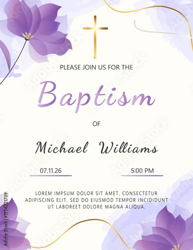 Baptism Invitation Template with golden glowing christian cross, purple flowers, golden elements and text. Vector design