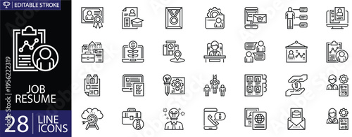 Job resume icons set. Includes symbols of CV documents, profiles, skills, experience, interviews, and hiring process elements. Editable stroke. Vector illustration. Outline icons. Perfect for business