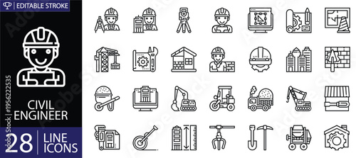 Civil engineer icons set. Includes symbols of construction plans, buildings, bridges, surveying tools, helmets, and infrastructure development. Editable stroke. Vector illustration. Outline icons.