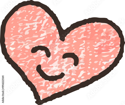 クレヨン風の質感で描かれたにっこり笑顔のピンクのハートキャラクター